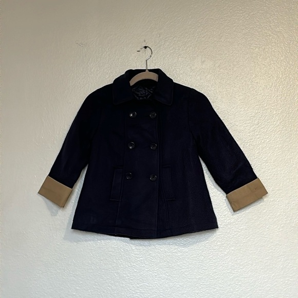 Girl's coat size 6 in navy blue with beige trim - Picture 2 of 11